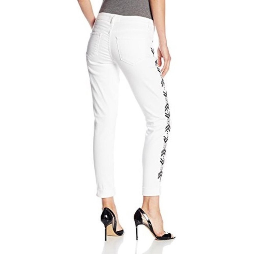 RARE CJ Cookie Johnson Ankle Skinny Roll Jean White with Black Embroidery